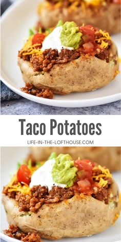 two plates filled with taco potatoes topped with sour cream and guacamole