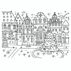 a black and white drawing of a christmas tree in front of a large building with snowflakes on it