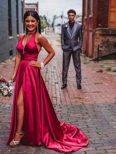 Elegant V-neck Gown For Homecoming, Fitted V-neck Gown For Prom Season, V-neck Homecoming Dress With Sweep Train, Fitted V-neck Floor-length Dress For Prom, Fitted Floor-length V-neck Dress For Prom Season, Fitted Floor-length V-neck Dress For Prom, Floor-length Fitted V-neck Dress For Prom, V-neck Gown For Prom, Fitted Bodice V-neck Prom Gown