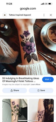 an instagram page with tattoos on the foot and flowers on the wrist, along with other images