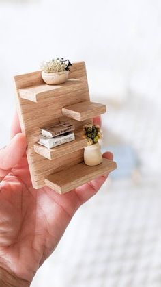 a person holding a wooden shelf with books on it