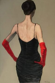 a painting of a woman in black dress with red gloves on her arm and back