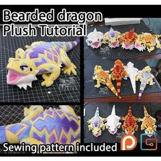 several pictures of different types of dragon plush toys on a table with instructions to make them