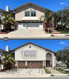 before and after photos of a house with palm trees in the front, side by side