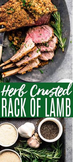 the rack of lamb with herbs and seasoning on it, next to other ingredients