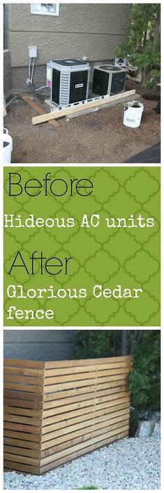 before and after photos of an outdoor cedar fence with text overlaying the image