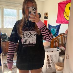 Never Worn Before. Tags Still On. Black Cotton Pastel Goth Top, Black Cotton Tops In Pastel Goth Style, Pastel Goth Pink Long Sleeve Top, Grunge Purple Top For Streetwear, Purple Punk Top With Graphic Print, Purple Punk Style Top With Graphic Print, Purple Graphic, Layered Long Sleeve, Tie Dye Long Sleeve