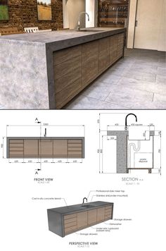 a kitchen with an island and sink in the middle, plans for it to be built into