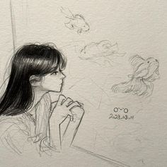 a drawing of a woman looking out the window