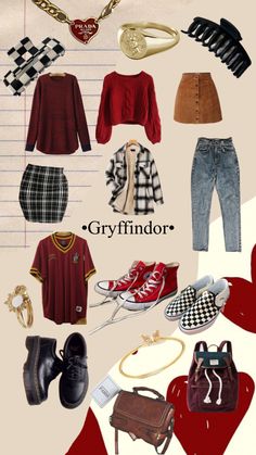 an assortment of clothes and accessories are arranged in a collage with the words greyfindor