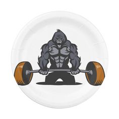 a paper plate with an image of a gorilla lifting a barbell on it's back