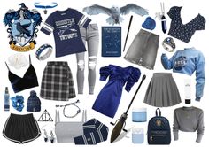 a collage of harry potter outfits and accessories on display in front of a white background