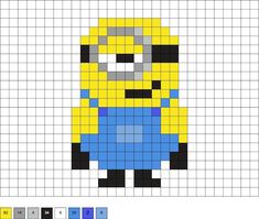 a pixellated image of a minion in blue and yellow