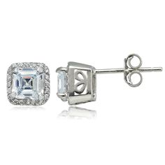 These stunning earrings feature two 6mm asscher-Cut CZ stones. Smaller CZ stones frame the asscher-cut CZ, giving a dazzling effect. The earrings are crafted of sterling silver, and are secured by post with friction backs. Product Details Metal Type sterling-silver Metal Stamp 925-sterling Weight 2.8GR Length 8.15MM Wi Small Diamond Rings, Beautiful Diamond Earrings, How To Clean Earrings, Platinum Earrings, Hot Jewelry, Colorless Diamond, Cubic Zirconia Jewelry, Square Earrings Studs, Square Stud