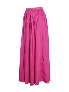 Introducing the Martha Fuchsia Cotton Poplin Maxi Skirt with Lace Trim — a vibrant and stylish addition to your wardrobe. This perfect lightweight maxi skirt in bright fuchsia boasts gathered details from the lace waistband, creating the most flattering silhouette. Complete with pockets and an invisible zipper at the center back, it combines style and functionality seamlessly. Crafted from stretch cotton poplin, this maxi skirt is fully lined inside for added comfort. Versatile for any casual ev Spring Long Inseam Flowy Skirt, Summer Full-length Gathered Maxi Skirt, Spring Pink Voluminous Maxi Skirt, Pink Full Maxi Skirt For Summer, Flowy Maxi Skirt With Long Inseam For Spring, Pink Voluminous Pleated Maxi Skirt, Pink Wide Leg Maxi Skirt, Pink Lined Maxi Skirt, Pink Maxi Skirt With Elastic Waistband For Summer