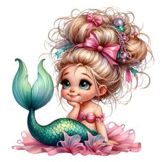 a little mermaid with her hair in a bun and pink bow sitting on the ground