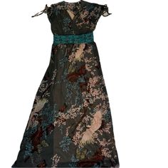 Meghan Fabulous Floral Gray Chiffon Long Maxi Dress Size Xs Separate Slip Included Gathering At Shoulder With Ties Attached Turquoise Belt With Beading And Sequins 53" Top Of Shoulder To Hem This Would Look Great With Your Denim Or Leather Jacket **Slip Needs To Be Worn As Dress Is Sheer New Never Worn Black Flowy Maxi Dress Sheer Maxi Brown White Flowy Green Bohemian Chiffon Dress With Floral Print, Green Bohemian Floral Print Chiffon Dress, Green Bohemian Chiffon Dress For Spring, Spring Bohemian Maxi Chiffon Dress, Long Chiffon Dress For Spring, Green Fitted Chiffon Casual Dress, Green Maxi Chiffon Dress For Beach, Casual Fitted Green Chiffon Dress, Fitted Chiffon Vacation Dress With Short Sleeves