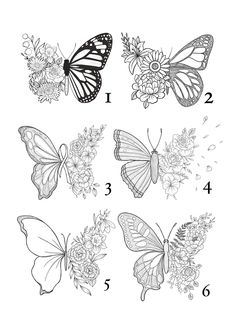 butterflies and flowers are shown in black and white, with the numbers 1 - 4