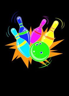 a bowling ball crashing into the pins and hitting it with its skittles on a black background