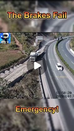 two cars are driving down the road with an emergency sign above them that says, the brakes fail