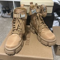 In Excellent Condition Nylon Tan Size 5.5 Combat Boots. Khaki High-top Combat Boots For Outdoor, Brown High-top Combat Boots With Rubber Sole, Spring Beige Lace-up Combat Boots, Tan Combat Boots, Brown Military Boots, Shoes Steve Madden, Moto Boots, Steve Madden Shoes, Steve Madden