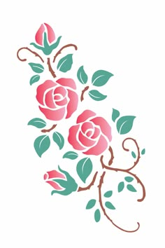 a drawing of three pink roses with green leaves