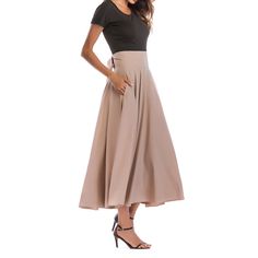 Khaki High Waisted Swing A-line Maxi Skirt Chic A-line Maxi Skirt For Work, Chic A-line Maxi Skirt With Relaxed Fit, Chic A-line Maxi Skirt With Lining, Chic A-line Lined Maxi Skirt, A-line Pleated Skirt With Pockets, Spring A-line Maxi Skirt For Workwear, Beige A-line Pleated Skirt For Work, Chic A-line Maxi Skirt In Solid Color, High Waist Beige Maxi Skirt