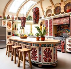 a large kitchen with an island in the middle and lots of stools around it