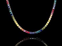 "Brand new sterling silver necklace featuring multi-color round created gemstone simulants that create a rainbow effect. This exquisite necklace is available in three different color tones (silver , yellow gold tone, rose gold plated- please select). Please select the metal tone above. You will receive ONE necklace with every order. Our created diamonds and gemstones are simulants with ideal cut, brighter D color and VVS1 clarity making them visually indistinguishable from natural stones that co Gold Tennis Necklace, Rainbow Gemstones, Tennis Necklace, Fine Jewelry Collection, Gold Filled Jewelry, Purple Amethyst, Solid 925 Sterling Silver, Sterling Silver Chains, Sterling Silver Necklaces