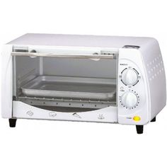 a white toaster oven with the door open