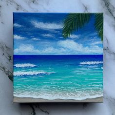 an acrylic painting of a beach scene with palm trees and the ocean in the background