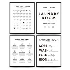 four black and white laundry room posters