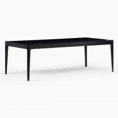 a black rectangular table with two legs and a long wooden top, on a white background