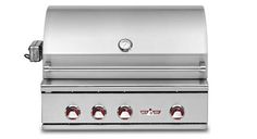 a stainless steel grill with four burners and two side burners on the top