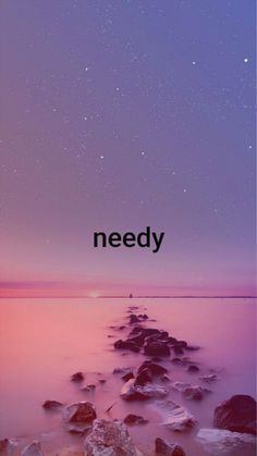 the words needy are written in black on a purple background with rocks and water