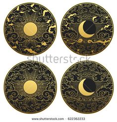 Sun and moon in the sky. Collection of decorative graphic design elements in oriental style. Vector hand drawn illustration Tattoo Moon And Sun, Moon And Sun Design, Moon In The Sky, Tattoo Moon, Sky Collection, Sun Design, Graphic Design Elements, Sky Moon, Sun Designs