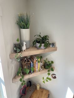 two shelves with plants and books on them in a corner next to a wooden table