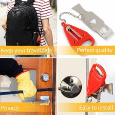 four different types of door locks with instructions to keep your travel safe, perfect quality and easy to install