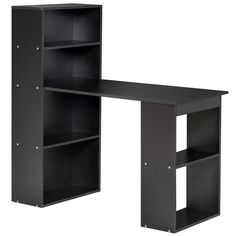 a black desk with two shelves on each side and one open shelf below the desk