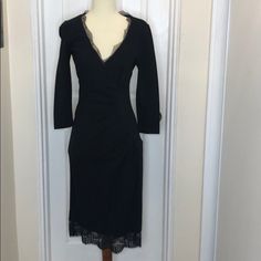 Diane Von Furstenberg Wrap Style Lace Dress- Euc - Wrap Top Feature - Ruched Side Panel - Lace Trim - Size & Material Tag Removed - Stretch Material- Size Small - Fitted Style- Not Loose Fit Elegant Workwear Dress With Lace Trim, Elegant Lace Trim Dress For Work, Elegant Dresses With Lace Trim For Work, Elegant Lace Trim Dress For Dinner, Formal Sheath Midi Dress With Lace Trim, Fitted V-neck Midi Dress With Lace Trim, Diane Von Furstenberg Sweater, Dvf Wrap Dress, Diane Von Furstenberg Wrap Dress 2022