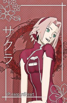 an anime character with pink hair and green eyes wearing a red shirt, standing in front of