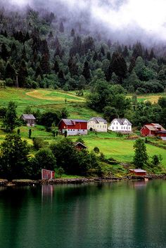 some houses are on the side of a hill by the water with fog in the air