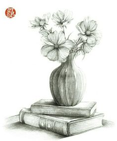 a drawing of flowers in a vase on top of books