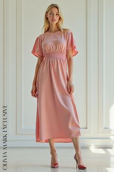 Olivia Mark - Elegant Blush Pink Midi Dress with Flutter Sleeves and Elasticated Waistband Blush Pink Midi Dress, Dress With Flutter Sleeves, Understated Luxury, Pink M, Pink Midi Dress, Flutter Sleeves, Sun Kissed, Olivia Mark, Flutter Sleeve