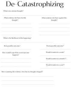 Learn how to process those negative thoughts by using this decatastrophizing worksheet! This is a great tool to process those thoughts. Mindfulness Journal Prompts, Mental Health Activities, Healing Journaling, Mental Health Therapy, Counseling Activities, Writing Therapy, Therapy Counseling, Counseling Resources, Emotional Awareness