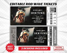 two tickets for the movie rodweive are shown in red and white with an image of a man holding a tennis racquet