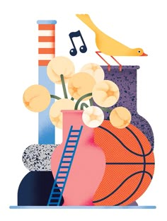 a vase with flowers and music notes on it next to a basketball, bird, and ladder