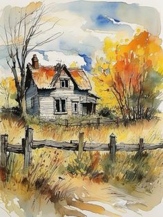 a watercolor painting of an old farm house with autumn trees in the foreground