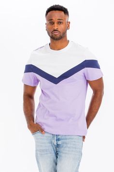 CHEVRON COLOR BLOCK TSHIRT*Soft, breathable jersey*Crew neck*Main: 100% Cotton.*Fits true to size, order for normal sizeMade In: Imported Blue Sporty T-shirt With Contrast Stripes, Sporty Multicolor Color Block T-shirt, Color Block Short Sleeve Athleisure Tops, Athleisure Color Block Short Sleeve Tops, Athleisure Crew Neck Top With Contrast Stripes, Casual Crew Neck Tops With Contrast Panels, Athleisure Crew Neck Top With Contrast Color, Athleisure Color Block Cotton Top, Cotton Color Block Tops For Athleisure