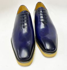 Style: 518-01-Blue Stylish lace-up Oxford from the Carrucci by Maurice collection in a Smooth Calfskin features soft Calfskin lining, a clean welt, and a super lightweight Yellow Rubber Sole! Blue Plain Toe Lace-up Business Shoes, Fitted Blue Oxfords For Business, Classic Blue Pointed Toe Oxfords, Fitted Leather Lace-up Shoes With Rubber Sole, Fitted Blue Leather Shoes For Semi-formal Occasions, Semi-formal Blue Leather Shoes, Blue Lace-up Oxfords With Rubber Sole, Classic Blue Plain Toe Oxfords, Blue Goodyear Welted Oxfords For Business